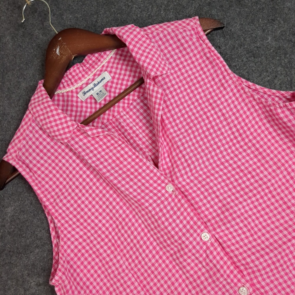 Tommy‎ Bahama Womens Pink Gingham 100% Linen Sleeveless Tie Front Top Size M